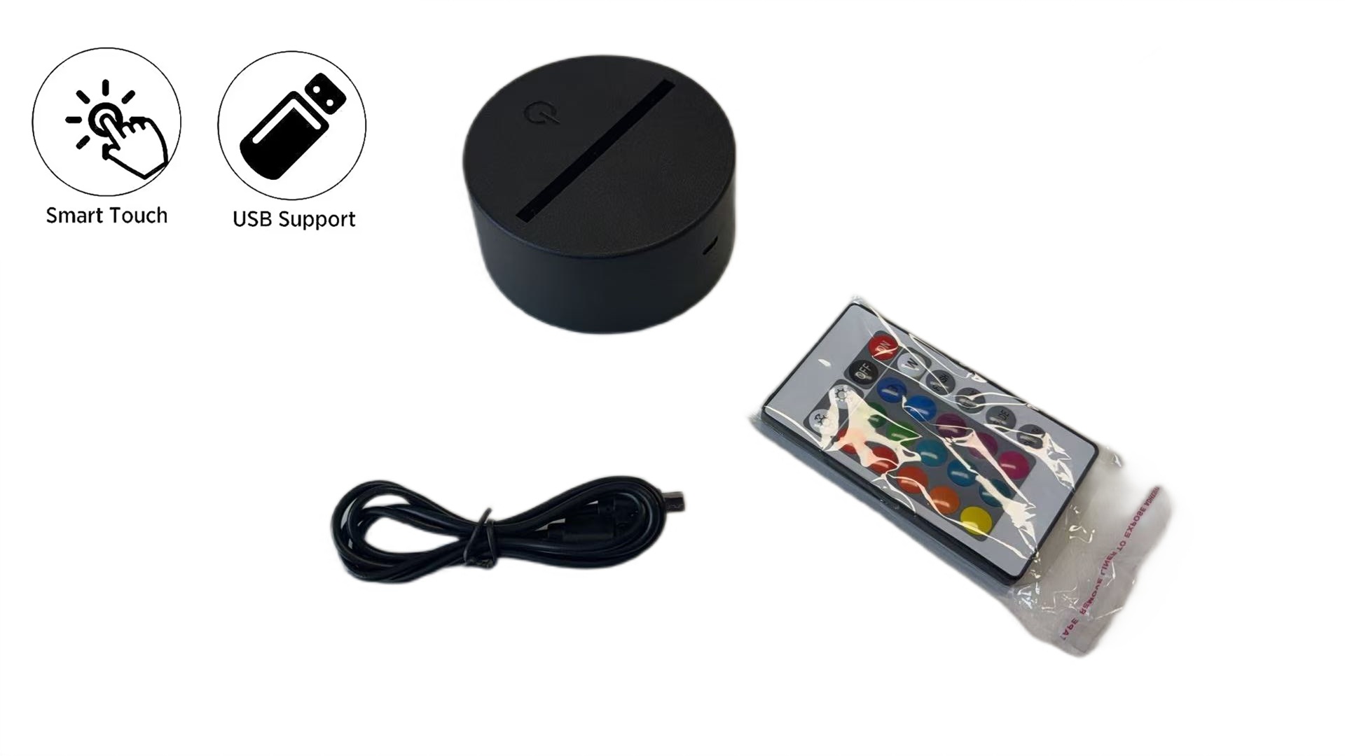 Podstawa lampki nocnej LED, 7 kolorów, regulacja, kolor czarny, zasilanie USB lub na baterie